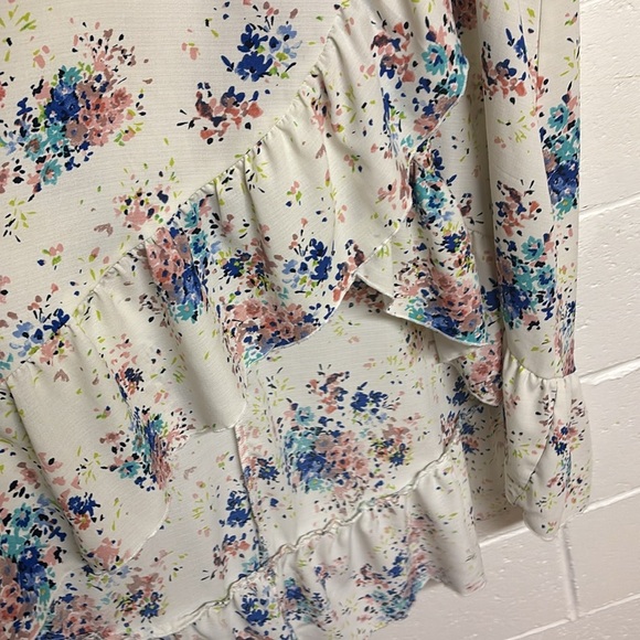 As U Wish Cream and Blue Ruffled Wrap Midi Dress - Picture 3 of 7